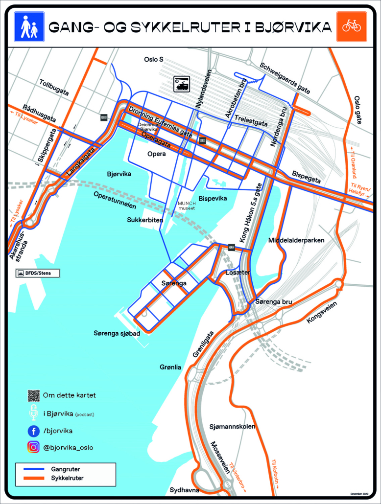Kart over gangruter og sykkelruter i Bjørvika
