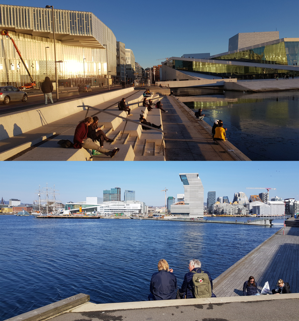 Mennesker som sitter på havnepromenaden i Bjørvika.