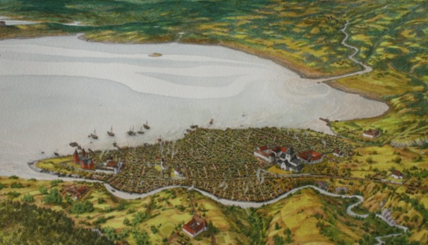 Illustrasjon av Bjørvika på 1300-tallet