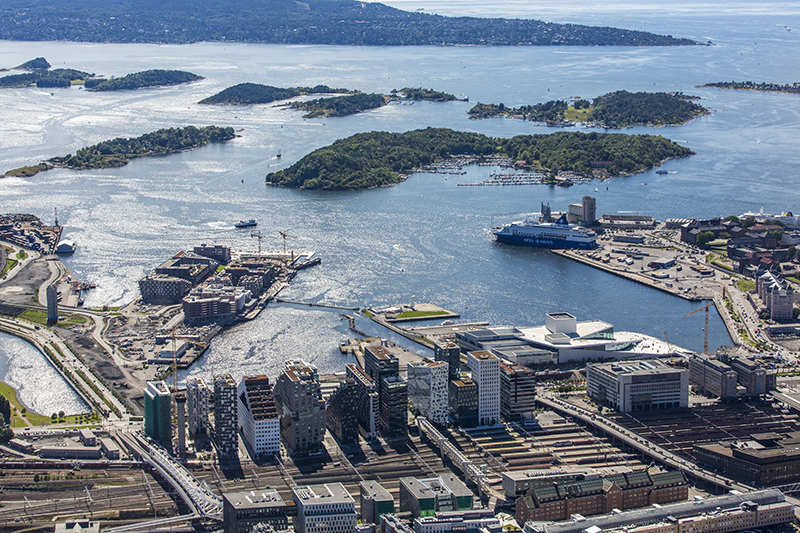 Aerial photo of Bjørvika with the Oslo Fjord in the background